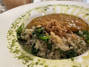Curry with garbanzo beans, spinach and fried onion at Dona Flor Cafe in Cascais