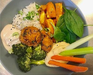 Buddha bowl with rice, roasted veg, falafel and hummus  at One Bowl in Copenhagen
