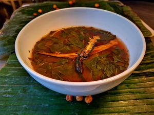 Tomato broth with bbq roasted chickpeas and okra at One Bowl in Copenhagen