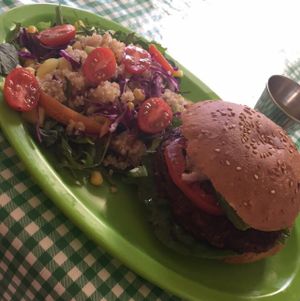 Black bean burger  at Veggie Table in Puerto Vallarta