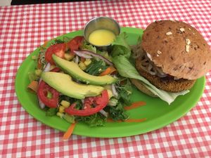 garbanzo bean burger at Veggie Table in Puerto Vallarta