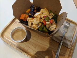 very fragrant rice with a lovely seshuan spiced veg, soft flavourfull tofu and pumpkin  at Fresca in Hong Kong Island