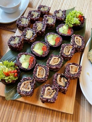 california mushroom, veggie futomaki, kimchi roll  at Edamame Vegan Sushi in Warsaw