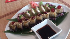 special rolls with aubergine and smoked tofu at Edamame Vegan Sushi in Warsaw