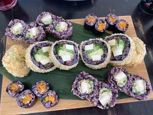 Carrot-lox maki, tempura roll, smoked tofu futomaki  at Edamame Vegan Sushi in Warsaw