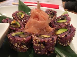 aubergine, teriyaki with avocado and sesame sushi  at Edamame Vegan Sushi in Warsaw