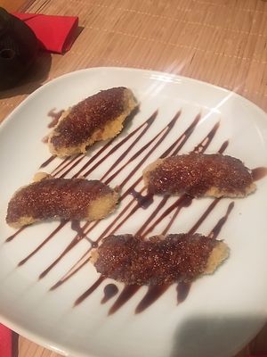 Bananas in tempura - great dessert! at Edamame Vegan Sushi in Warsaw