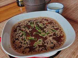 Most soup and a sencha tea at Edamame Vegan Sushi in Warsaw