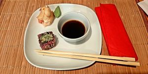 Tempura, ginger and wasabi leaf at Edamame Vegan Sushi in Warsaw