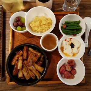 Set menu with tofu and rice cake at WGT Vegetarian Fine Dining in South West London