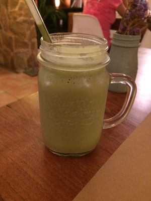 Matcha smoothie with cashew milk, amazing and creamy. at Compost in Mallorca