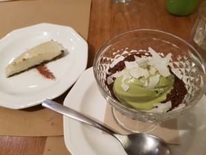 Lemon and lavender cheesecake and chia chocolate pudding with wheatgrass ice cream at Compost in Mallorca