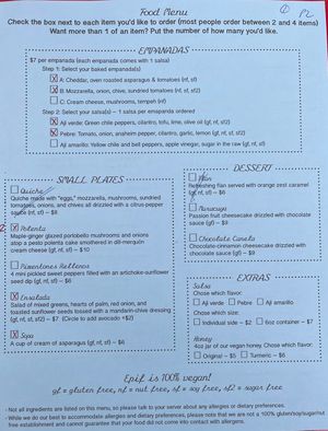 Menu at Epif in Portland