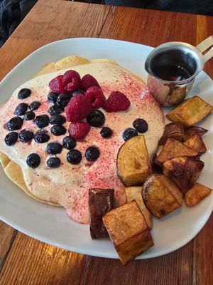 Pancakes with peach cream and berries at Epif in Portland