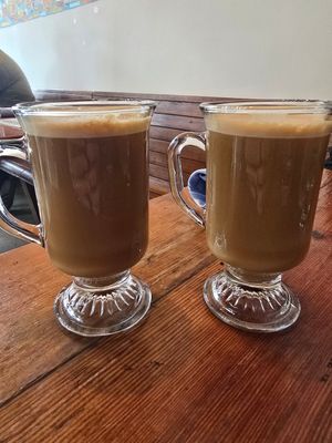 Lattes with oat milk and white chocolate syrup at Epif in Portland
