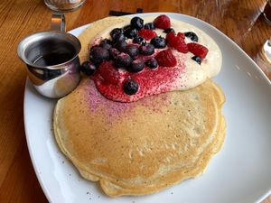 Pancakes with peach cream and berries at Epif in Portland