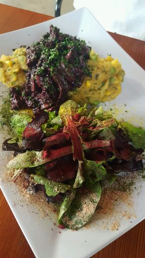 charquican Smokey mushrooms and soy curls with potato squash mash and salad at Epif in Portland