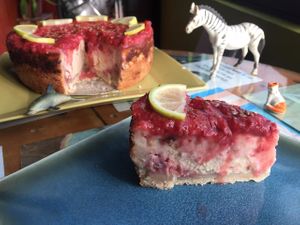 lemon & strawberry cheesecake, covered with homemade jam   at Kome Vegan in Valparaiso