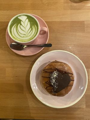 matcha latte and donut at Brammibal's Donuts - Maybachufer in Berlin