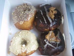 2xchocolate peanut butter fudge, a speculoos and a nutty donut. at Brammibal's Donuts - Maybachufer in Berlin