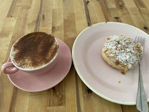 Chai latte (too sweet for my taste) and Bienenstiche (tasty and creamy)  at Brammibal's Donuts - Maybachufer in Berlin