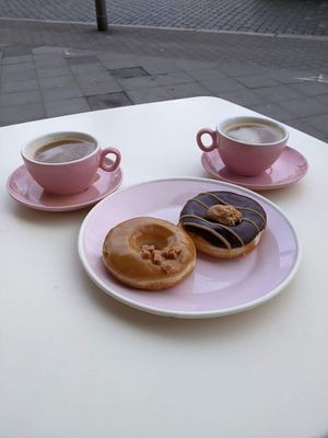 Salted caramel and peanut fudge donuts and two coffees at Brammibal's Donuts - Maybachufer in Berlin