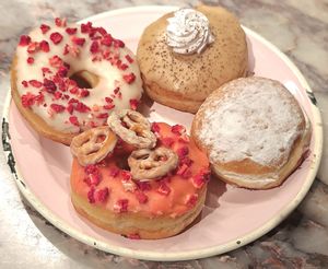Strawberry pretzel, white chocolate Strawberry, Pfannkuchen & coffee cream donuts #Veganuary at Brammibal's Donuts - Maybachufer in Berlin