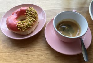 Pistachio donut and double espresso  at Brammibal's Donuts - Maybachufer in Berlin