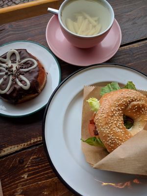 BLT, Chocolate & Chestnut donut with Ginger tea at Brammibal's Donuts - Maybachufer in Berlin