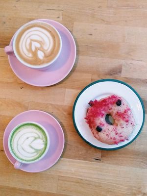 Americano, Matcha Latte, Raspberry Licorice Donut at Brammibal's Donuts - Maybachufer in Berlin