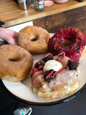 Red Currant, cinnamon sugar and red velvet donuts at Brammibal's Donuts - Maybachufer in Berlin