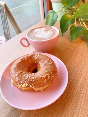 Caramel Hazlenut donut and Chai Latte at Brammibal's Donuts - Maybachufer in Berlin