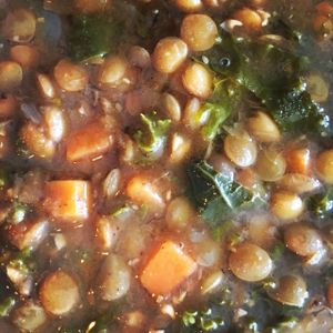 Lentil-Kale Soup - brown lentils, organic kale, carrots with garlic, cumin and coriander. at Rosemary and Vine in Rye