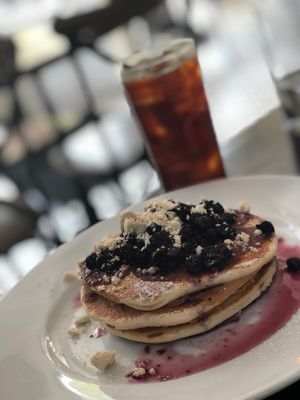 Iced coffee and vegan pancakes  at Rosemary and Vine in Rye