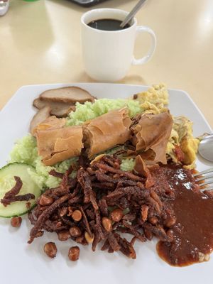 Power Nasi Lemak. I add 1 x Spring roll total is $4 only. Taste delicious  #Veganuary at Ru Lai 如来斋 in Central Singapore