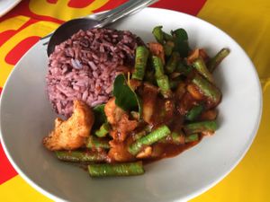 stir fried string beans, tofu with red curry! just 35 baht! at Sankhongnoi Veggie in Chiang Rai