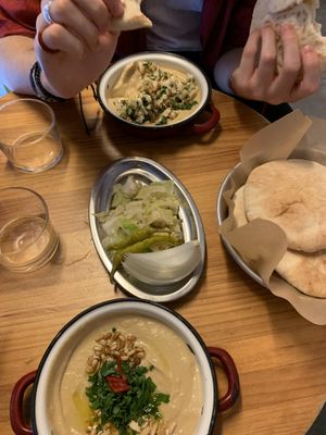 top: hummus with cauliflower, bottom: classic hummus  at La Hummuseria in Madrid