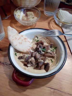 Hummus with mushrooms at La Hummuseria in Madrid