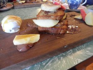 French toast, fruit, choc extravaganza at Goodness Me Organics in Adamstown