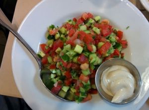big Israeli sallad with tahini dressing (vegan) at Oren's Hummus in Palo Alto