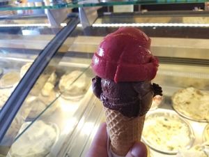 raspberry and chocolate sorbet cone vegan at Gelato Messina in Surry Hills