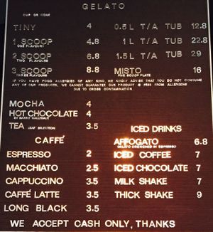 Menu at Gelato Messina in Fitzroy