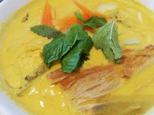 Turmeric soup with 'chicken'  at Newstart Health Kitchen in Cheras