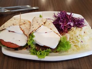 Walnut oat patty wrap with cashew sause. Incredibly delicious at Newstart Health Kitchen in Cheras