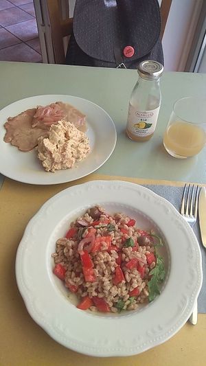 Insalata di farro, insalata russa e carpaccio di seitan. at Mezzaluna in Turin