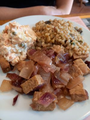 Splendid grains with tempeh and red onion. And Russian slaw at Mezzaluna in Turin