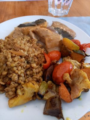 Buckwheat with seitan and rasted veggies at Mezzaluna in Turin