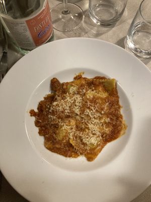 Tortelli del Mugello di patate e formaggio veg stagionato al ragù di seitan  at Mezzaluna in Turin