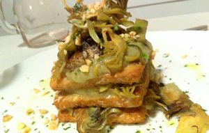 Tempeh and artichoke tower : yummy !! at Mezzaluna in Turin
