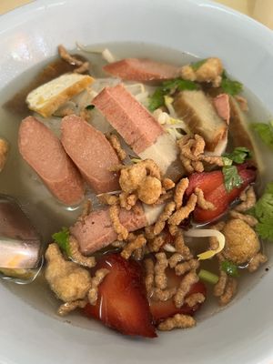 Noodle soup with so many plant proteins   at Muay and Joom Vegetarian in Hua Hin